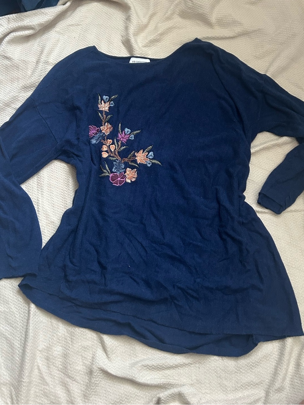 Vintage Blue Embroidered Asymmetric Sweater